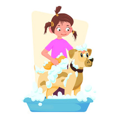 Girl washes her dog in a basin with foam, cartoon style, flat design