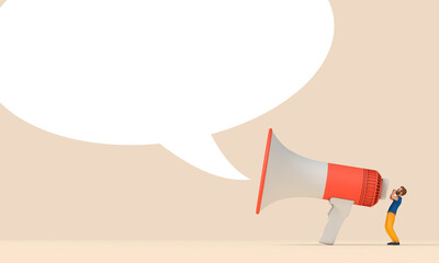 Male character using a megaphone. Business announcement. 3D Rendering