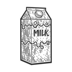Milk box container sketch engraving vector illustration. T-shirt apparel print design. Scratch board imitation. Black and white hand drawn image.