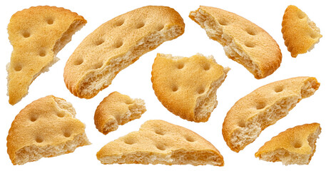 Broken round cheese crackers isolated on white background