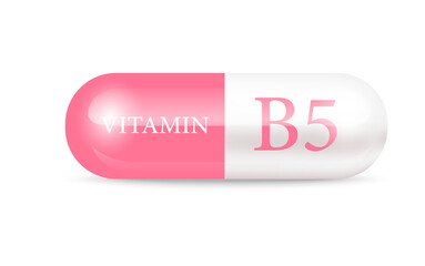 Capsule vitamin B5 structure pink and white. Beauty concept. Personal care. 3D Vector Illustration. transparent capsule pill. Drug business concept. Vitamin complex with chemical formula.