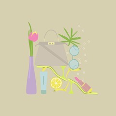 Composition of women's jewelry and accessories, a glass and a flower in a vase. Flat illustration on a colored background. Card