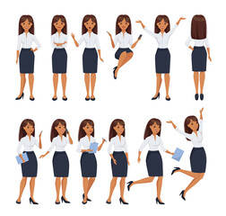 Obraz premium Office Woman Character in White Blouse and Skirt in Different Pose Vector Set