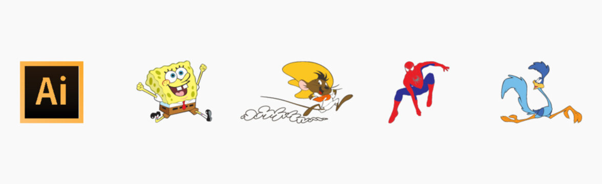 Speedy Gonzales logo, Spiderman logo, Adobe Illustrator logo, Roadrunner logo, Sponge Bob logo, Set of popular logos printed on paper.