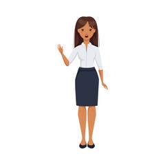 Office Woman Character Wearing White Blouse and Skirt in Standing Pose with Raised Hand Vector Illustration