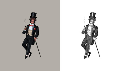 Fashionable monkey in clothes. Antique gentleman smoking a cigar. Victorian Ancient Retro Clothing. A man in a suit. Vintage engraving style. Hand drawn old monochrome sketch. Vector illustration. © artbalitskiy