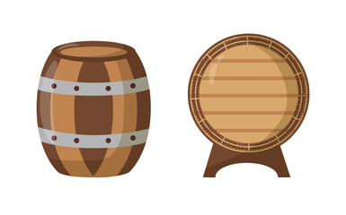Alcohol barrels. Front view of wooden barrels with containers for rum bar.
