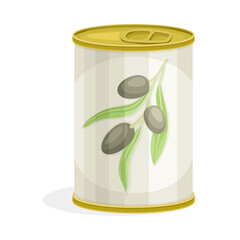 Canned Jar with Olives Cultivar with Small Black Drupe Fruit in Marinade Vector Illustration