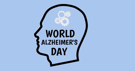 Illustration of human brain with gears and world alzheimer's day text against blue background