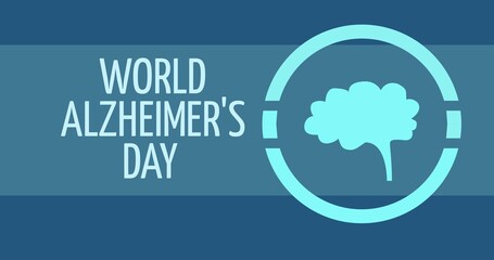 Illustration of world alzheimer's day text and brain anatomy in circle against blue background