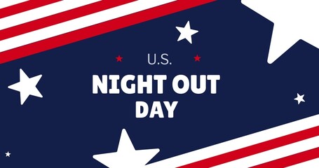 Illustration of us night out text with star shapes and stripes on blue, red and white background