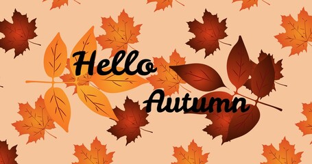 Illustrative image of hello autumn text with brown and orange leaves against peach background - Powered by Adobe
