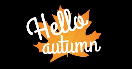 Illustrative image of maple leaf with hello autumn text against black background, copy space