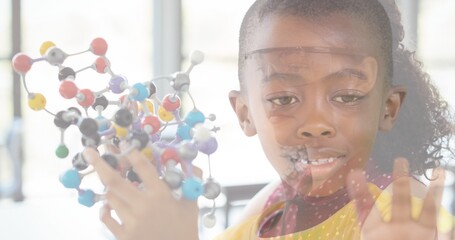 Multiple image of african american girl holding molecules and thoughtful cute girl looking away