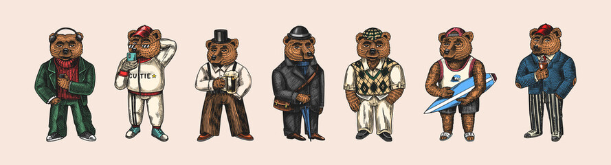 Bear in vintage costume with beer. Fashion animal character in tweed jacket. Hand drawn sketch. Retro look. Vector engraved illustration for logo and tattoo or T-shirts.