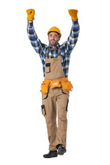 Happy construction worker with arms raised