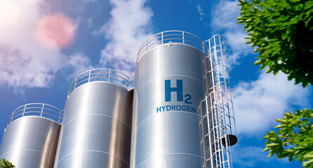 Hydrogen renewable energy production - hydrogen gas for clean electricity solar and windturbine facility - obrazy, fototapety, plakaty