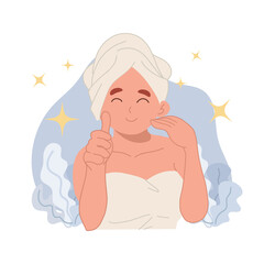 skin care concept.happy woman with clear face doing thumb up hand. good result. Flat cartoon character vector illustration