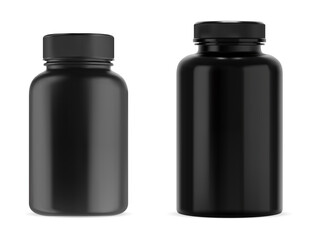 Black supplement bottle. Medicine pill container, plastic jar blank mockup. Vitamine drug capsule bottle, pharmaceutical product package, glossy box design. Vertical cylinder can for remedy powder