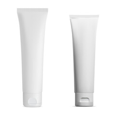 White cream tube. Cosmetic cream isolated package blank. Toothpaste container mockup isolated on white background. Realistic ointment packaging template, aftershave moisturizer