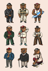 Bear in vintage costume with beer. Fashion animal character in tweed jacket. Hand drawn sketch. Retro look. Vector engraved illustration for logo and tattoo or T-shirts.