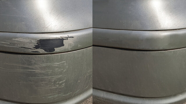 Car bumper before and after repair. Damaged paint and scratches.