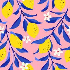 Lemon seamless pattern. Trendy summer background. Vector bright print for fabric or wallpaper.