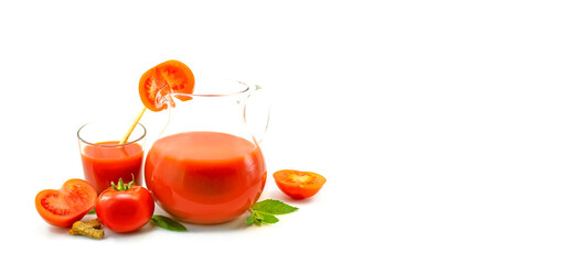 Fresh red tomatoes and a glass jug with juice on a white background.
Close-up, design, banner.