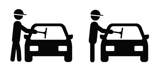 Cartoon tickman, stick figure man with window trigger or window wiper. Carwash pictogram or logo. Car wash service for polishing, cleaning, waxing the auto. services and equipment of washing the car.