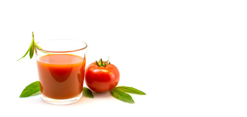 Fresh red tomatoes and a glass of juice on a white background.
 Close-up, design, banner.