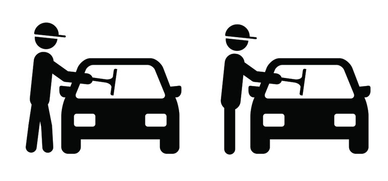 Cartoon tickman, stick figure man with window trigger or window wiper. Carwash pictogram or logo. Car wash service for polishing, cleaning, waxing the auto. services and equipment of washing the car.