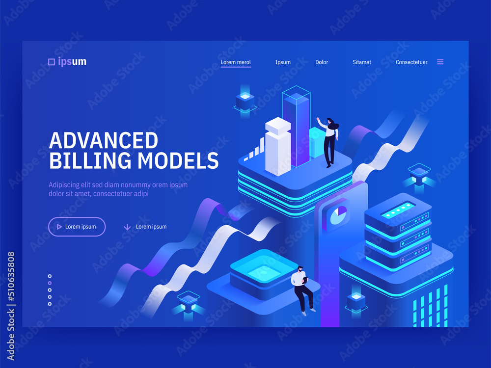 Poster advanced billing models isometric vector image on blue background. comfortable online bank services.
