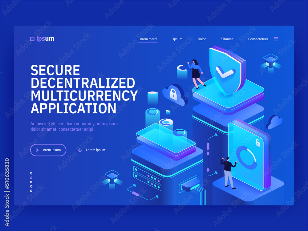 Poster secure decentralized multicurrency application isometric vector image on blue background. virtual st
