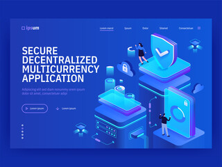 Secure decentralized multicurrency application isometric vector image on blue background. Virtual stock exchange. Digital currency trade. Web banner with copy space for text. 3d components composition - obrazy, fototapety, plakaty