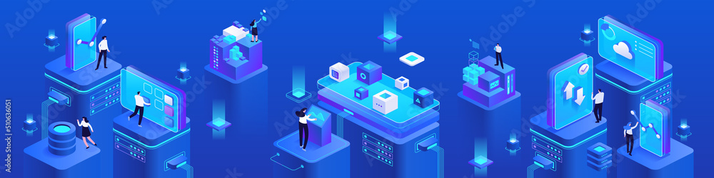 Poster financial transaction with cryptocurrency isometric vector images set on blue background. cyber spac