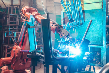 Welding robot produces a product in a factory