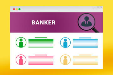 Banker logo in header of site. Banker text on job search site. Online with Banker resume. Jobs in browser window. Internet job search concept. Employee recruiting metaphor