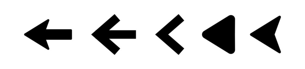 Arrows set black. Arrows pointing to the left icon set. Vector set of trendy black arrows in flat style. Collection of simple vector arrows. Cursors icons. Vector illustration.