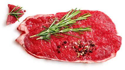 Fresh beef steak isolated on white background, top view.