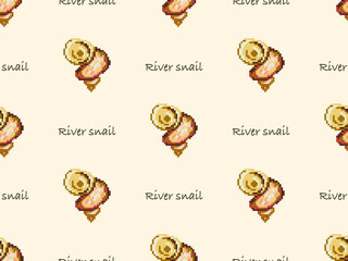 River snail cartoon character seamless pattern on yellow background. Pixel style