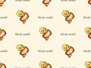 River snail cartoon character seamless pattern on yellow background. Pixel style