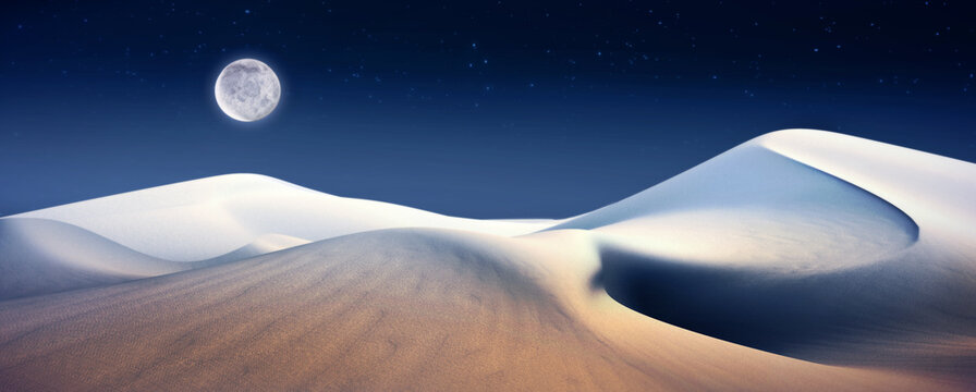 Sand Dunes In A Desert 3D Illustration Night Aesthetic Landscape, With Clear Sky, Stars And A Full Moon