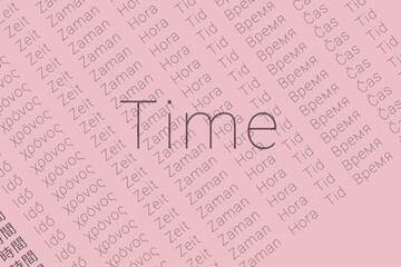 Word Time in languages of world. Logo Time on Very pale purple color