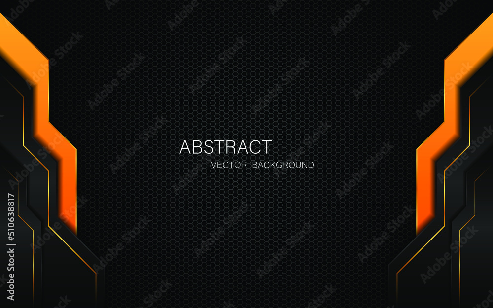 Poster abstract black and orange polygon with golden glow lines overlaid on dark steel mesh background with