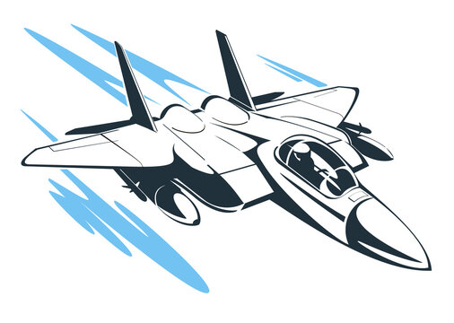 Cartoon illustration of military jet airplane, vector image isolated on white.
