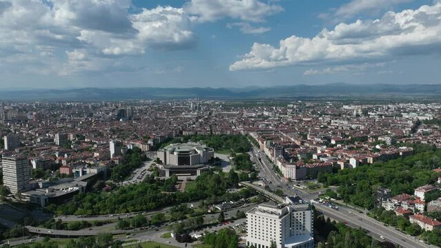 The National Palace of Culture. Congress Centre Sofia NDK. Aerial view of park - timelapse