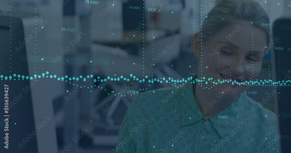 Aufkleber statistical data processing against caucasian woman smiling while working at office