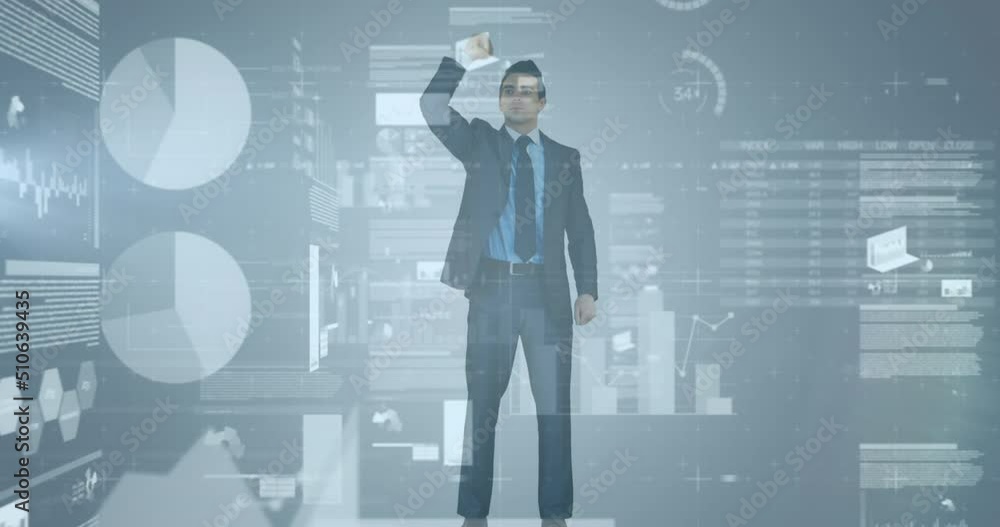 Poster statistical data processing against caucasian businessman protesting against grey background