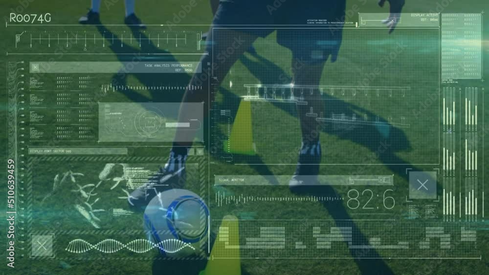 Aufkleber digital interface with data processing against african american male soccer player practicing