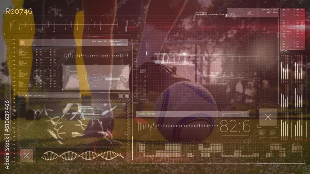 Poster digital interface with data processing against low section of male soccer player with football